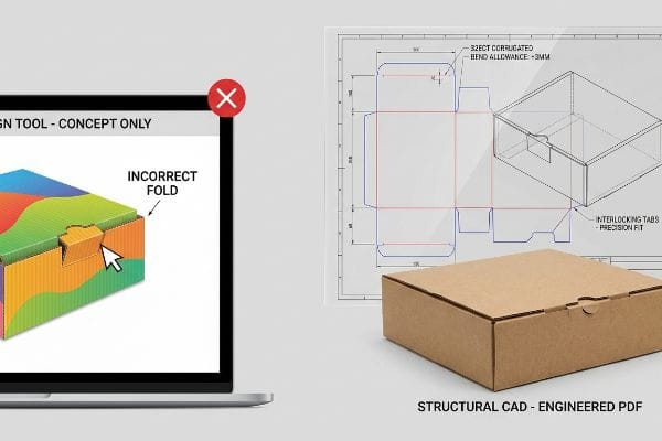 « Pli incorrect » de l’outil Web sur la boîte par rapport au « CAO structurelle - PDF technique » pour le carton ondulé 32ECT avec languettes « Ajustement de précision ».