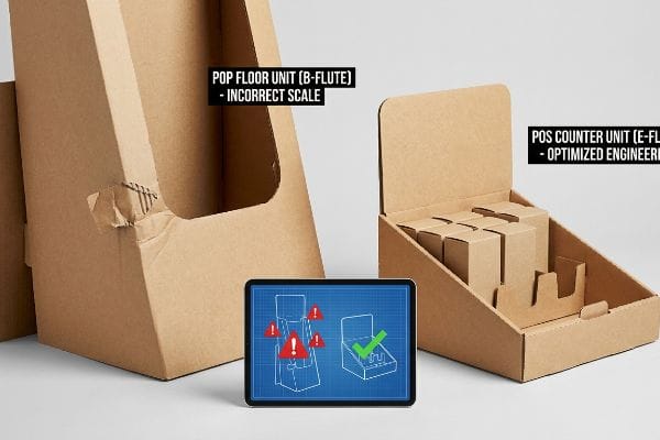Kraft cardboard Pop Floor Unit (B-Flute) with incorrect scale, contrasted with a Pos Counter Unit (E-Flute) showing optimized engineering, and a tablet displaying design blueprints.