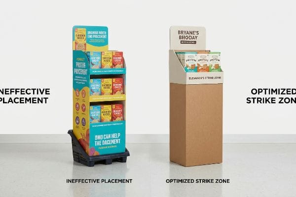 A teal and yellow corrugated FSDU display on a black pallet, labeled