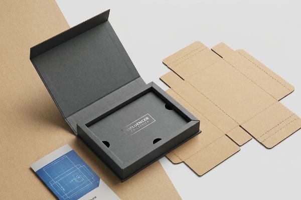 An open dark grey custom PR package with 