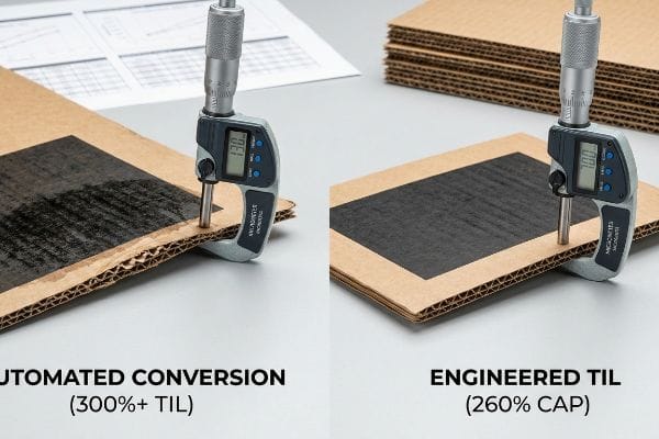 Micrometer measures corrugated board, showing 1.30mm for Automated Conversion (300%+ Til) versus 1.00mm for Engineered Til (260% Cap), illustrating ink limit impact on caliper.