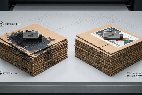 Corrugated cardboard stacks illustrate excessive ink vs. eco-compliant soy inks at 260% TIL, both with densitometers.