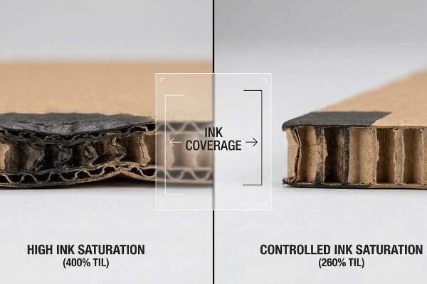 Corrugated board shows ink coverage comparison: high saturation (400% TIL) degrades flutes, while controlled saturation (260% TIL) maintains integrity.