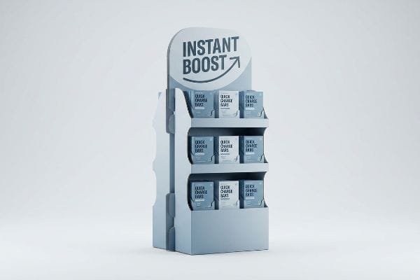 A light blue cardboard point-of-purchase display, featuring a rounded 