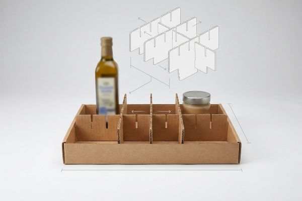 Corrugated modular divider tray with repositionable interlocking partitions, holding a bottle and jar, on a universal base.