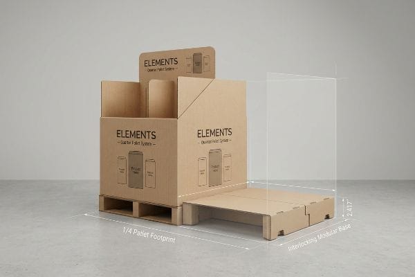Corrugated Elements Quarter Pallet System display, featuring an interlocking modular base measuring 2.417 inches, on a 1/4 pallet footprint.
