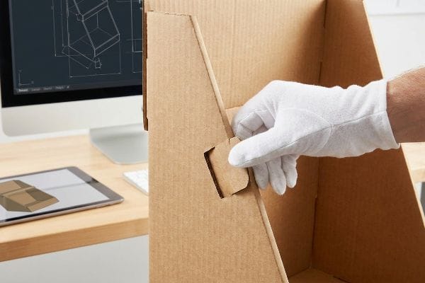Corrugated cardboard display box assembly, a gloved hand inserting an interlocking tab into a slot, with CAD design and 3D rendering on screens.
