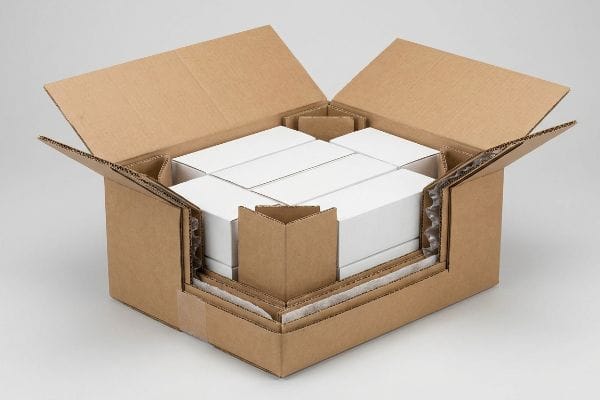 Corrugated cardboard master carton with internal air-cell buffers and void fill protecting white product boxes, showcasing kinetic shock absorption.
