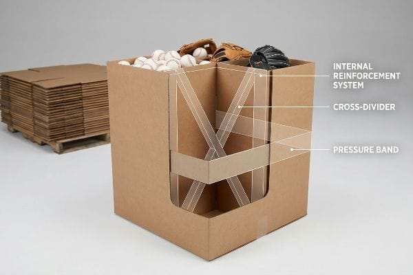 Brown corrugated dump bin with a cutaway view showing its Internal Reinforcement System, Cross-Divider, and Pressure Band, filled with baseballs and gloves.