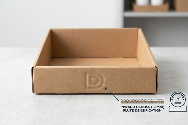 Brown corrugated shelf tray with 1.5mm Inward Deboss 'D' logo and diagram detailing Flute Densification for structural strength.