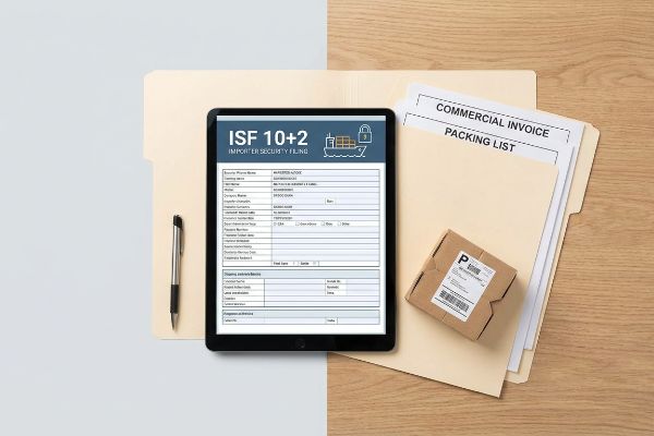A black tablet displays the Importer Security Filing (ISF) 10+2 form, next to a silver pen, a folder with a Commercial Invoice and Packing List, and a small shipping box, symbolizing customs compliance.