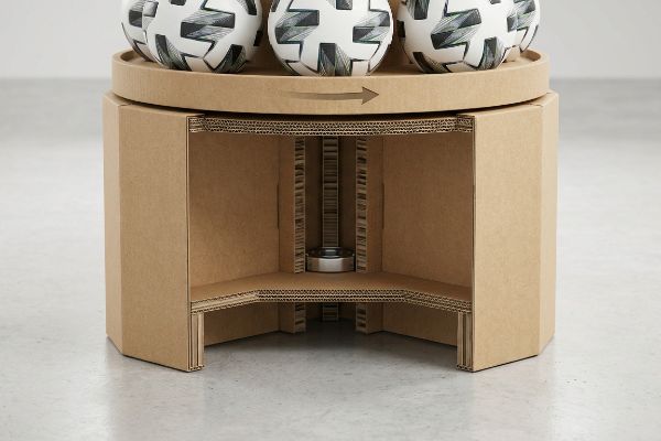 Corrugated cardboard display cutaway showing an isolated torque hub, steel bearing, and double-wall spine beneath soccer balls.