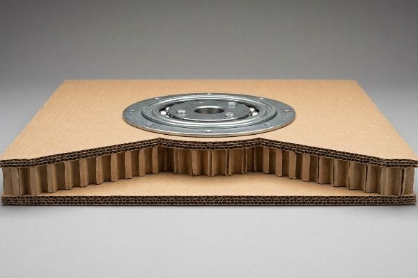 Metal ball-bearing swivel in double-wall corrugated cardboard cross-section, revealing internal fluting for isolated torque hub.