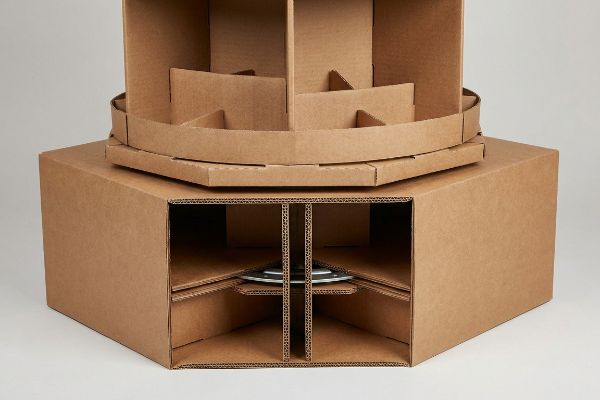 Brown corrugated cardboard spinner display's internal architecture, featuring an isolated torque hub with a double-wall spine and false bottom.
