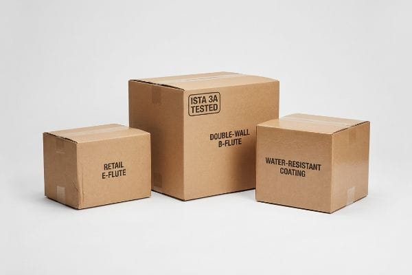 Trois boîtes en carton ondulé brun : « Retail E-Flute », « Ista 3A Tested Double-Wall B-Flute », « Water-Resistant Coating ».