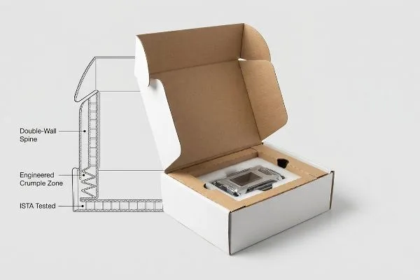 Emballage publicitaire en carton ondulé blanc ouvert, montrant un gadget technologique dans un encart marron, avec un schéma mettant en évidence la double paroi, la zone de pliage technique et les caractéristiques testées ISTA.