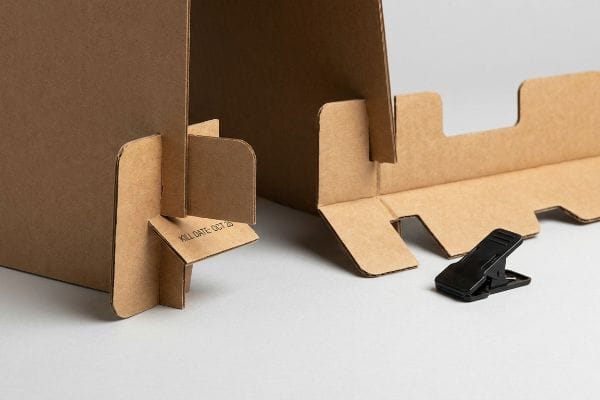 Дисплей из гофрированного крафт-картона с надписью «Дата утилизации: 25 октября» и черной пластиковой защелкой.