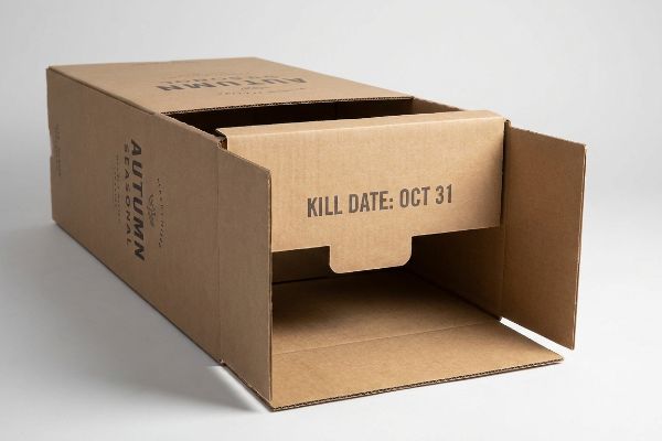 Brown corrugated cardboard box with an inner flap showing
