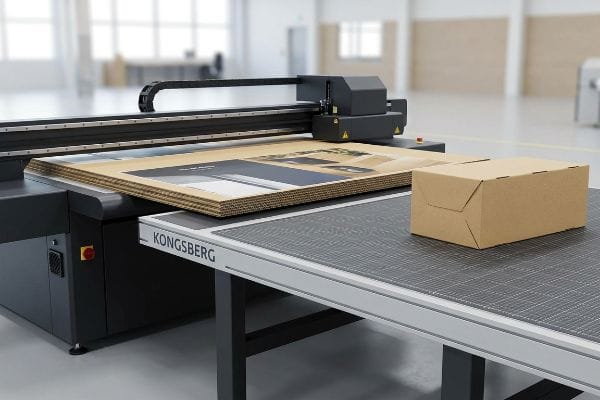Kongsberg flatbed printer processing corrugated cardboard prototype, with a plain brown box, showcasing direct-to-board digital cutting.