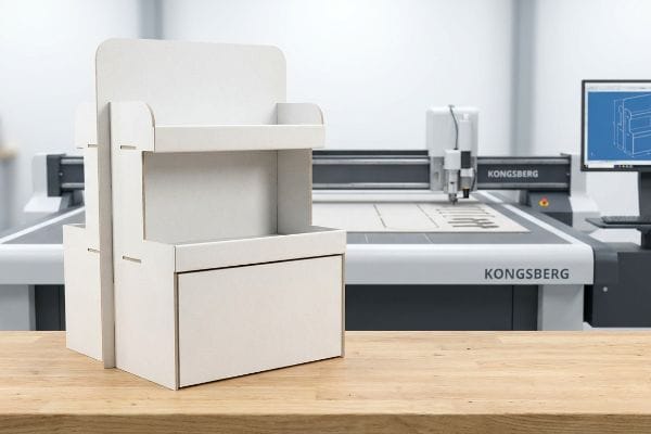 White corrugated cardboard display prototype on a wooden table, with a Kongsberg digital cutting table and CAD design in the background.