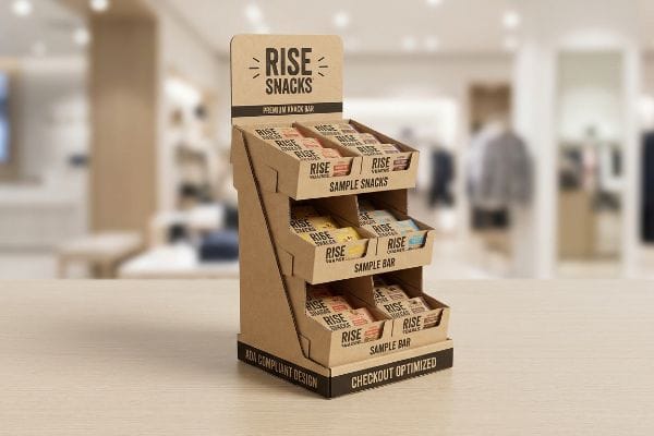 Natural kraft corrugated cardboard Rise Snacks point-of-sale display, three-tiered with Premium Snack Bars, featuring Ada Compliant Design and Checkout Optimized text.
