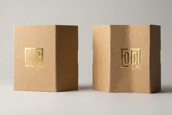 Two kraft paper boxes with a gold foil 'OC' logo, showcasing premium foil stamping or subtle embossing on the front panel.