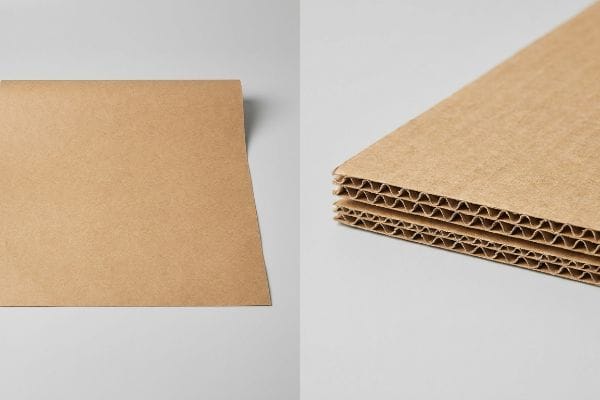 Flat brown kraft paper sheet and stacked corrugated cardboard with visible fluting, highlighting their structural differences.