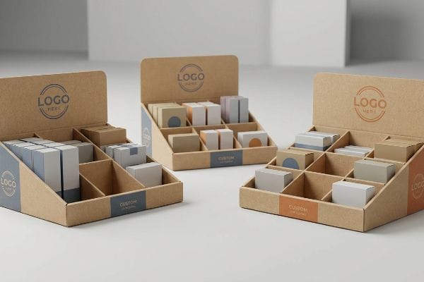 Modular kraft cardboard PDQ displays, filled with small product boxes, featuring 'Logo Here' back panels and 'Custom Your Logo' front lips.