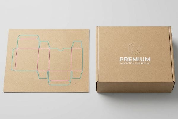 Displaying a brown kraft carton packaging die-cut template with blue and pink lines next to an assembled box featuring an embossed 'Premium Protection & Marketing' logo.
