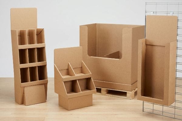 Empty kraft display boxes: floor stand, countertop, pallet merchandiser, and sidekick on a wooden floor.