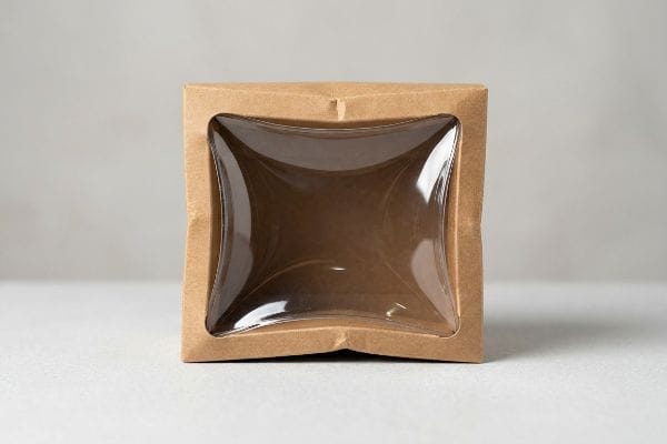 Brown kraft paper display case with an engineered clear, curved window, revealing an empty interior.