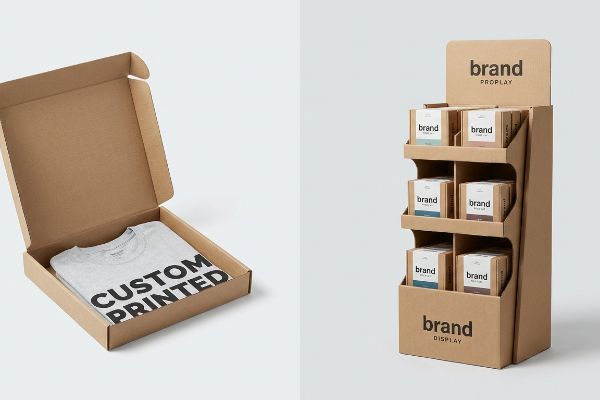 Brown kraft mailer box with a Custom Printed t-shirt next to a 'brand PROPLAY' retail display stand holding branded boxes.