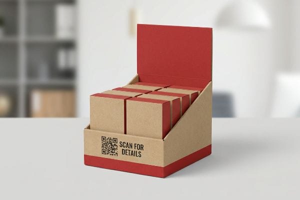 Kraft cardboard point of sale display with red accents, featuring a QR code and 'Scan For Details' text on the front lip.