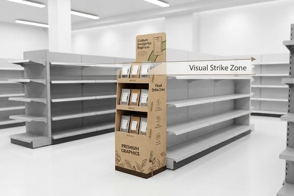 Kraft cardboard display stand with 'Custom Design for Raphics' and 'Premium Graphics', highlighting the 'Visual Strike Zone' in a retail store.