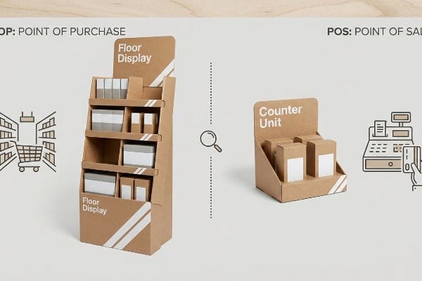 Comparing kraft cardboard Floor Display (Point of Purchase) and Counter Unit (Point of Sale), both filled with product boxes.