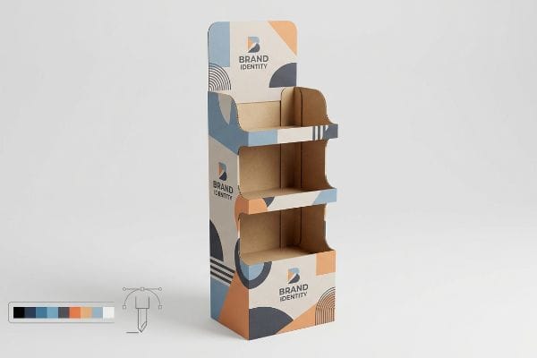 A customized three-tier floor pop display features geometric patterns in blue, orange, and dark grey on kraft paper, showcasing 'Brand Identity' branding.