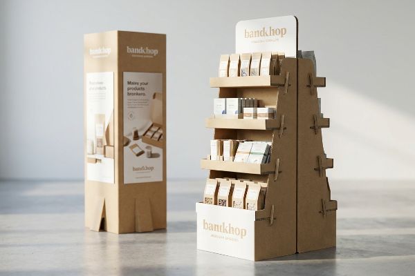 Kraft paper freestanding POP display showcases Bandkhop products on multiple shelves.