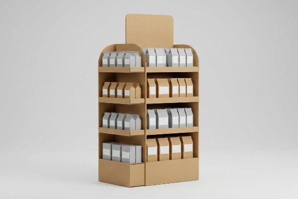 A multi-tiered cardboard point-of-purchase display presents unbranded product boxes in grey and natural kraft finishes.