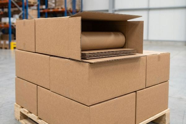 A stack of kraft corrugated shipping boxes on a wooden pallet, one open box revealing flat cardboard inserts and a roll of kraft paper.
