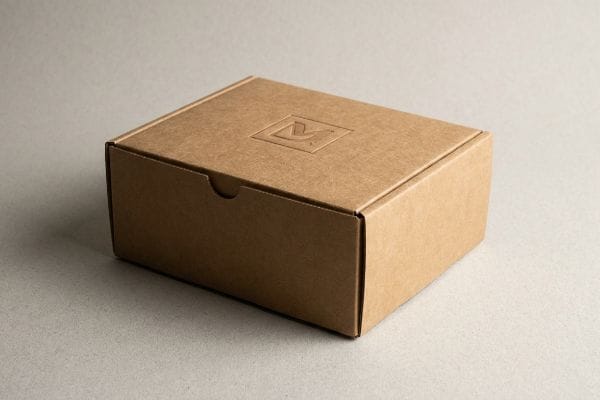 A brown corrugated kraft paperboard box features an embossed logo on its lid, highlighting sustainable packaging.