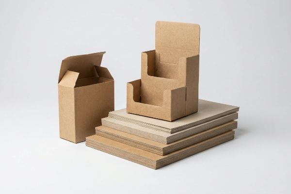 Una colección de envases de cartón kraft, que incluye una caja plegable abierta, un expositor para puntos de venta y láminas apiladas.
