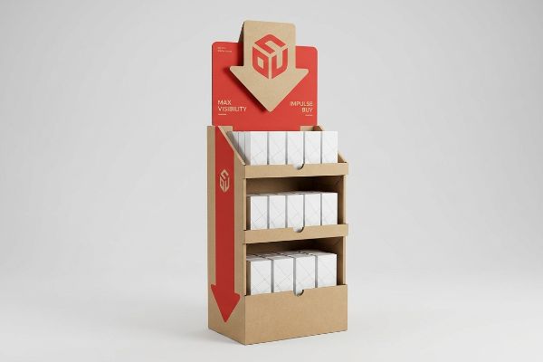 Kraft paper retail display with a red die-cut arrow header, promoting