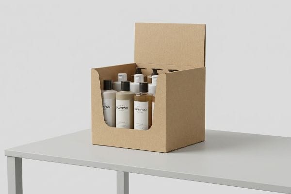 Kraft cardboard display box with a low front lip, showcasing multiple 'Shampoo' bottles.