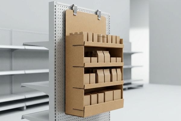 Brown corrugated cardboard sidekick display with three shelves, filled with kraft product boxes, hanging on a retail pegboard with metal S-clips.