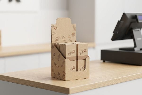 Brown kraft paper tabletop display unit filled with 'Strawberry Flavor' product packages on a wooden checkout counter.