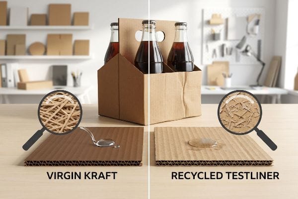 Dense Virgin Kraft corrugated board resists water, while fragmented Recycled Testliner board absorbs it.