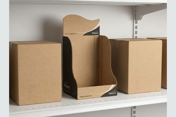 Natural kraft corrugated cardboard display with a wavy die-cut header and contoured side panels, featuring 'Custom Hallant' branding.