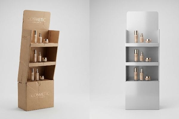 Sturdy kraft corrugated Cosmetic display with three shelves of products beside a sleek white cosmetic display.