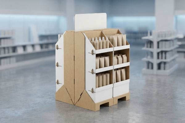 A retail store aisle features a floor-standing cardboard POP display with white shelves holding natural-colored product bottles and pouches.