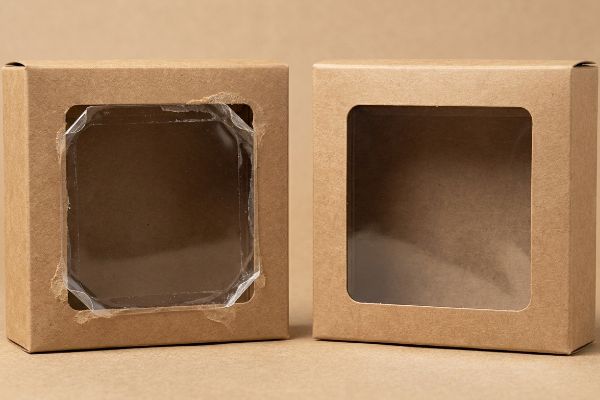 Two kraft paper window boxes, one with a clear flexible bio-polymer patch and the other with an open die-cut aperture for product viewing.